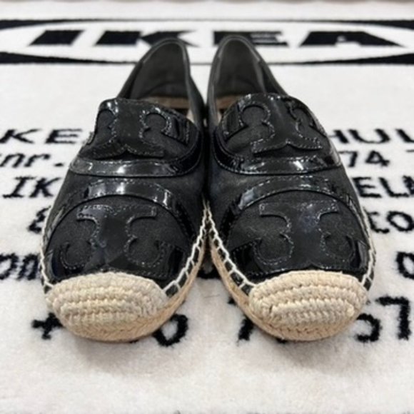 Tory Burch Women's Espadrille Flats Poppy Logo Black Canvas Slip-On Shoes Size 7 - Picture 2 of 7